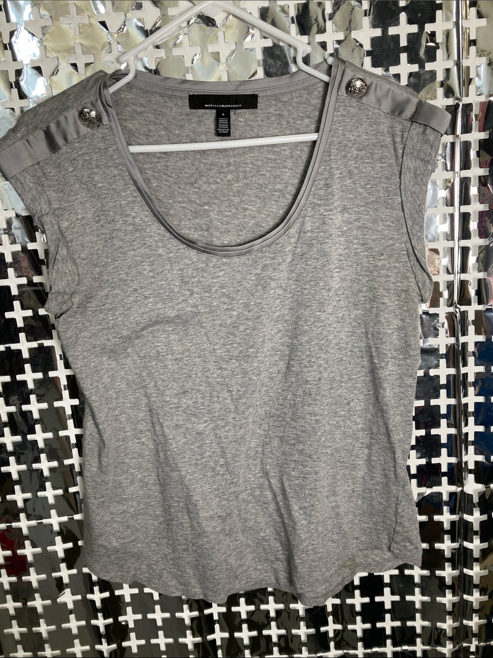 White House Black Market Gray Short-Sleeve Scoop Neck Tee with Button Detail